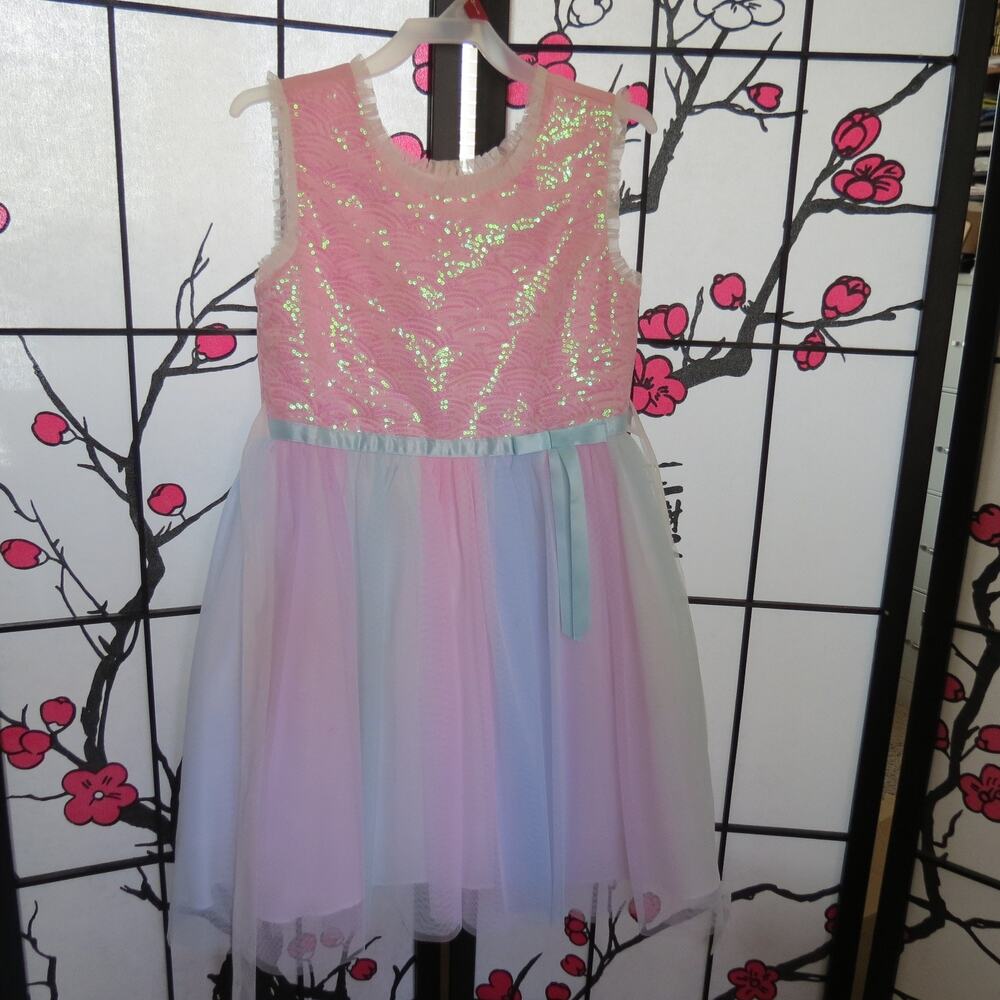 Jona Michelle Girls Size 8 Pastel Rainbow Sequin Tulle Party Dress